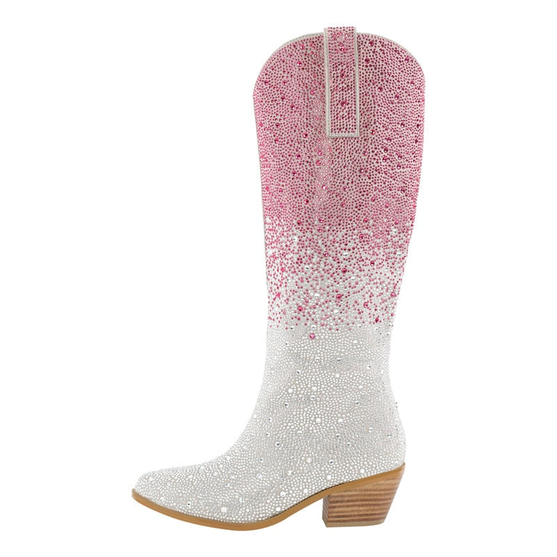 Processing time:7-15days after placing orders Onlymaker Women Pointed Toe Rhinestone Knee High Western Cowgirl Boots Glitter Bling Shiny  Block Heel Lady Boots