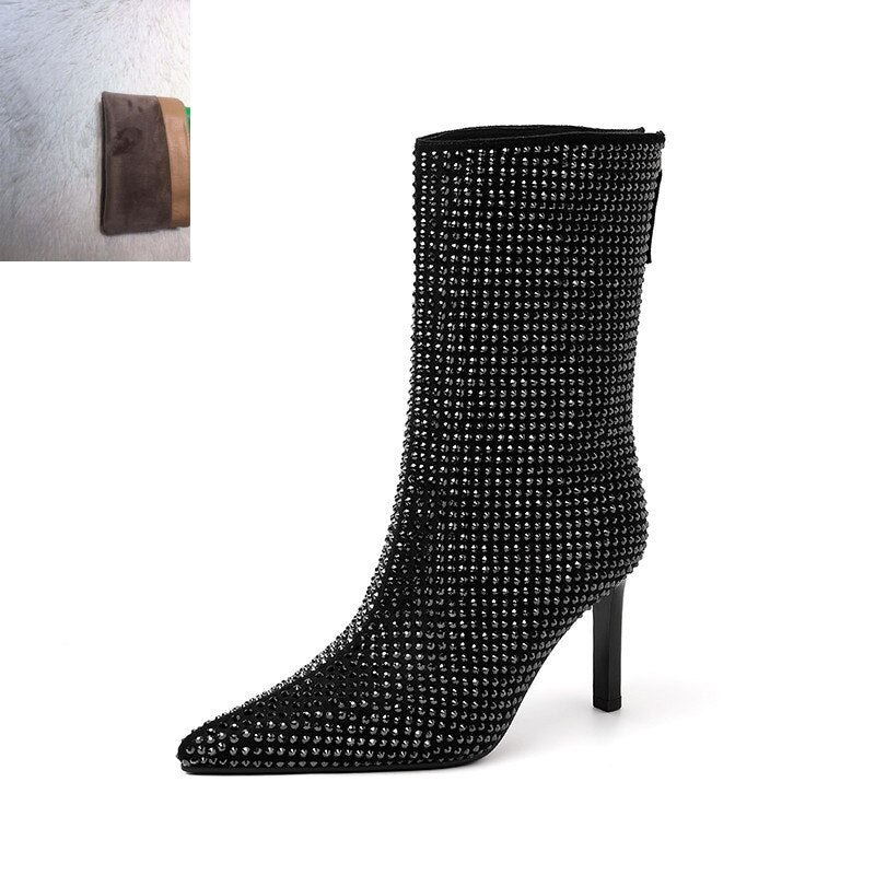 Women's Rhinestone High Heel Booties Fall New Pointed Toe Mid Boots 8.5cm High Heel Black Rhinestone Side Zipper Boots Size 39