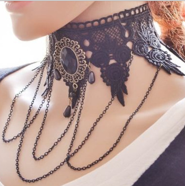 Women Vintage Gothic Black Rhinestone Lace Layered Chain Collar Necklace Choker