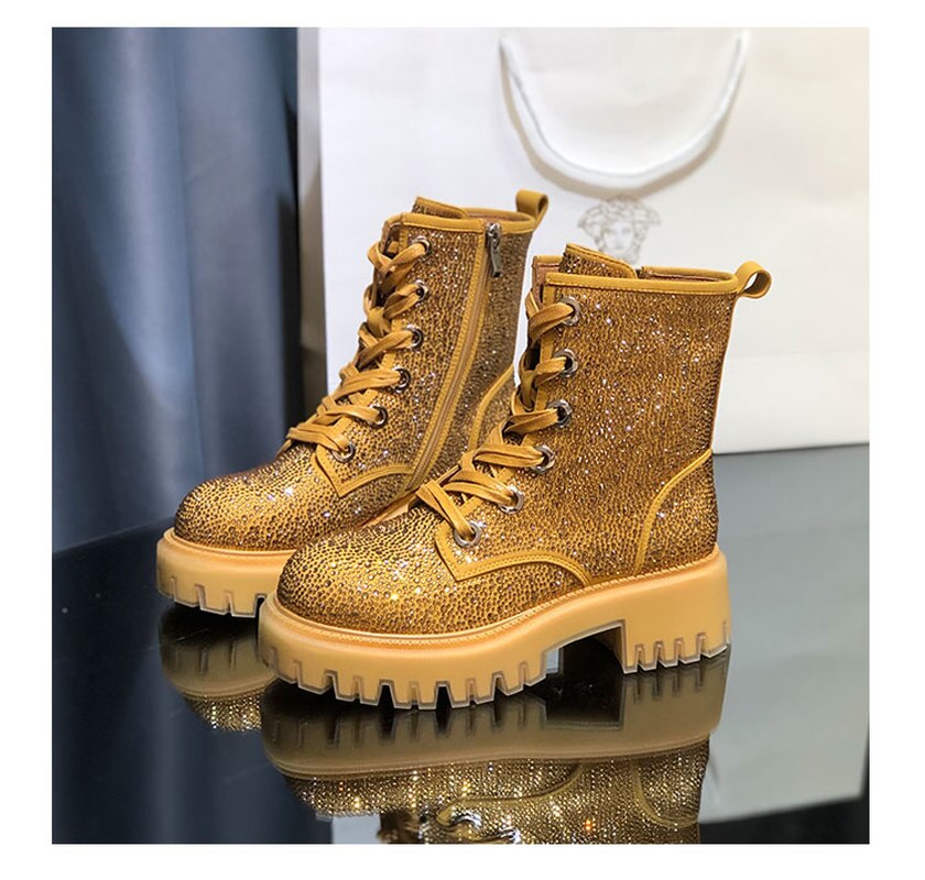 New Autumn and Winter Boots Leather Full Rhinestone Round Toe Thick Bottom Thick Heel Increased Side Zipper Lace-up Martin Boots