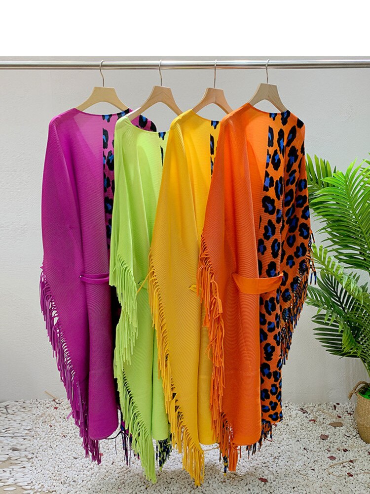 Pleated Tassel Dress Spring Leopard Print V-neck Long Loose Dresses Contrast Color Female Fashion Clothing