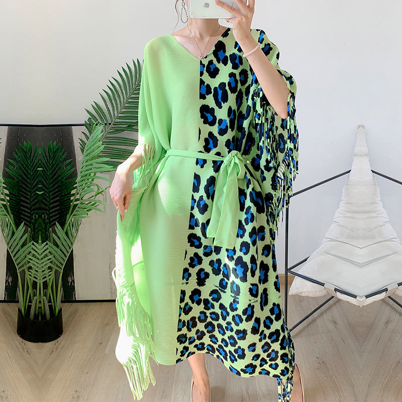 Pleated Tassel Dress Spring Leopard Print V-neck Long Loose Dresses Contrast Color Female Fashion Clothing