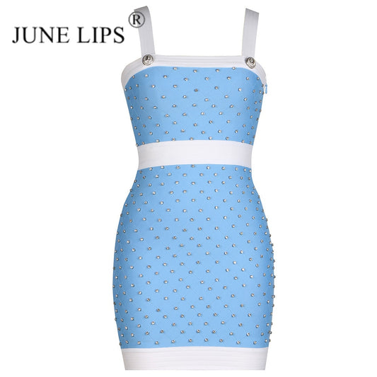 JUNE LIPS Mini Bandage Dress Summer Women Fashion Crystal Trim Bodycon Dress 2023Sexy Spaghetti Strap Club Party Dress Birthday