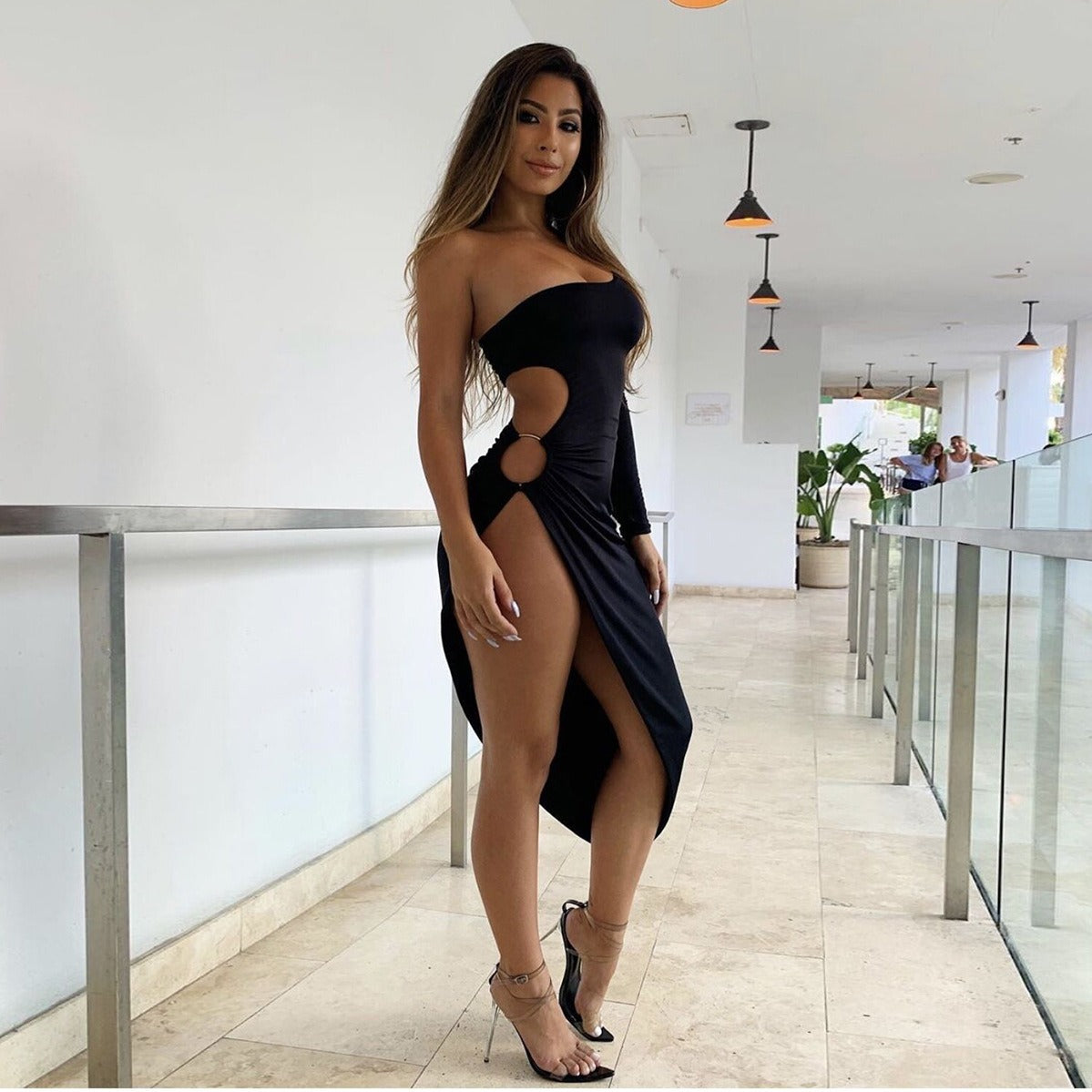 One shoulder long sleeve sexy hollow slit dress