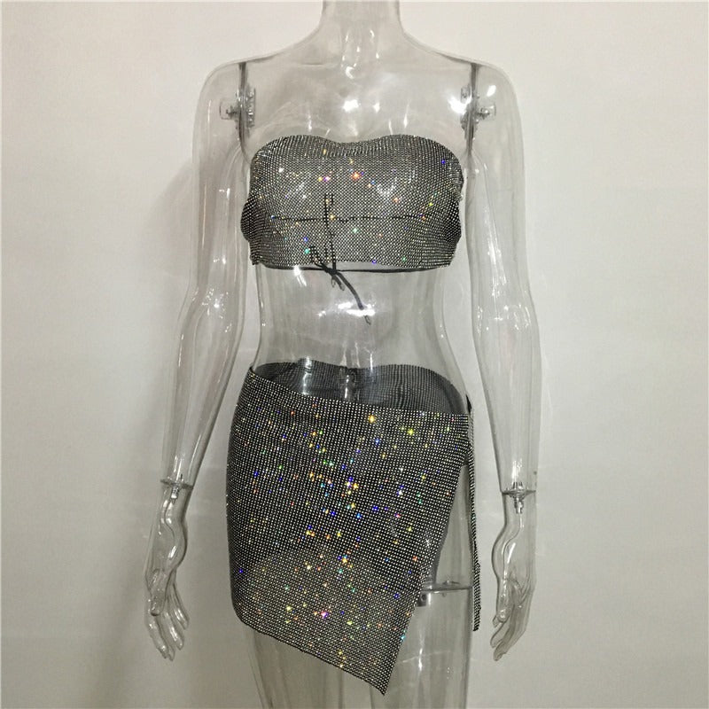 Fashion nightclub women clothing personalized rhinestone metal tube top skirt suit hot girl flash diamond top