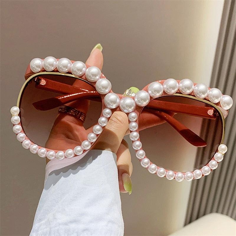 Fashion Retro Heart-Shaped Imitation Pearl Frame Sunglasses UV400 Women Cat Eye Pink Eyewear Trendy Beach Party  Sun Glasses