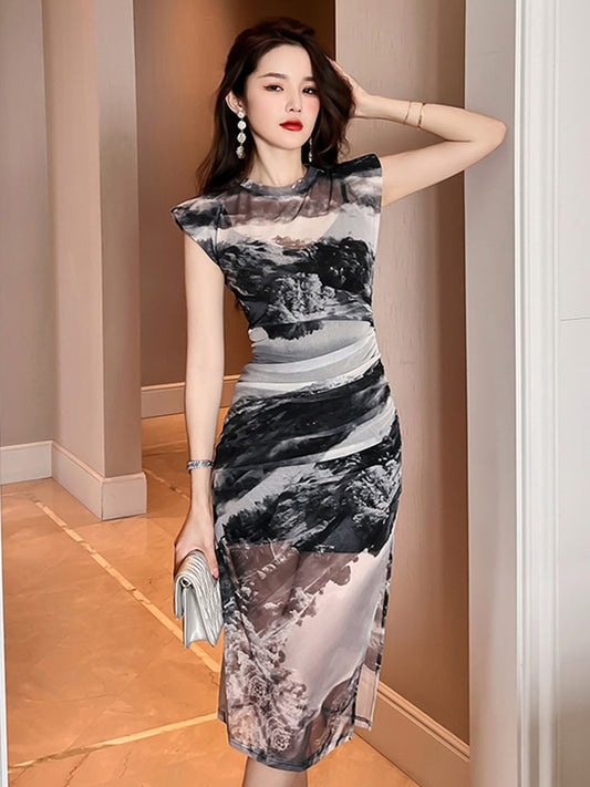 Korean Elegant Women's Midi Dress - Vintage Sexy O-Neck Slit Party Outfit