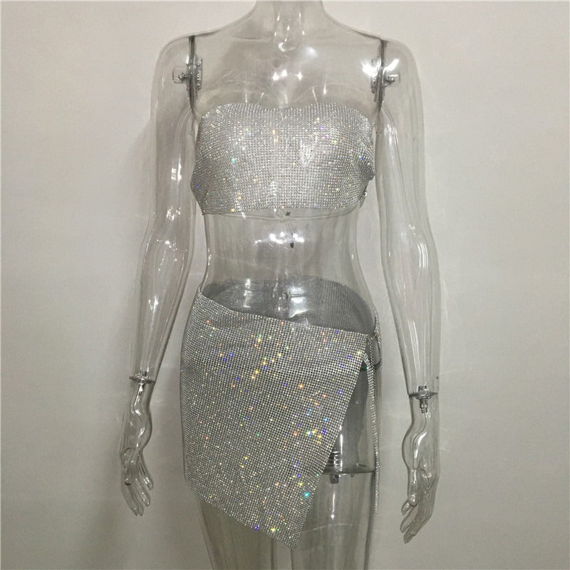 Fashion nightclub women clothing personalized rhinestone metal tube top skirt suit hot girl flash diamond top