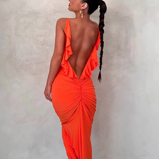 Spliced Wooden Ear Edge Long Dress Open Back V-Neck Tight Wrap Hip Strap Dress Sexy Pleated Temperament Long Dress