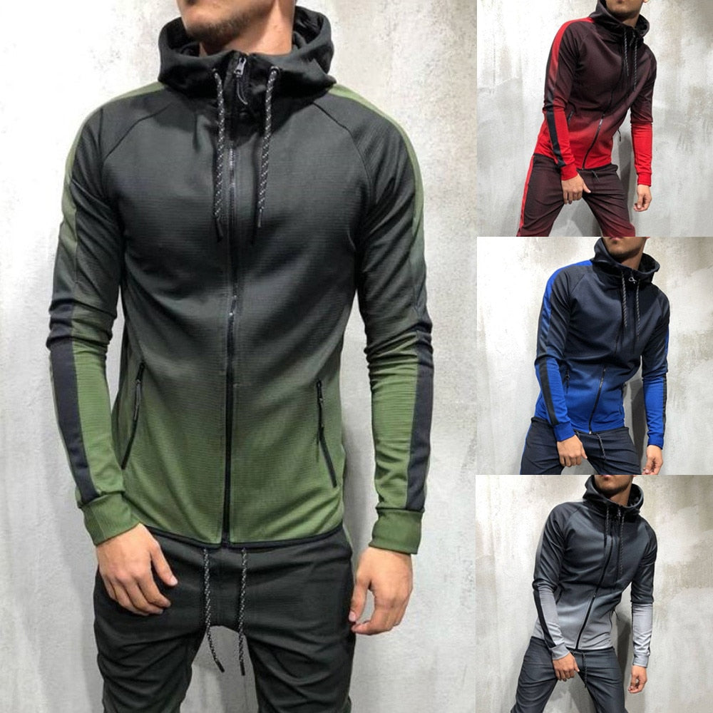 Men's Zipper Tracksuit Set - Printed Hooded Jacket Pants