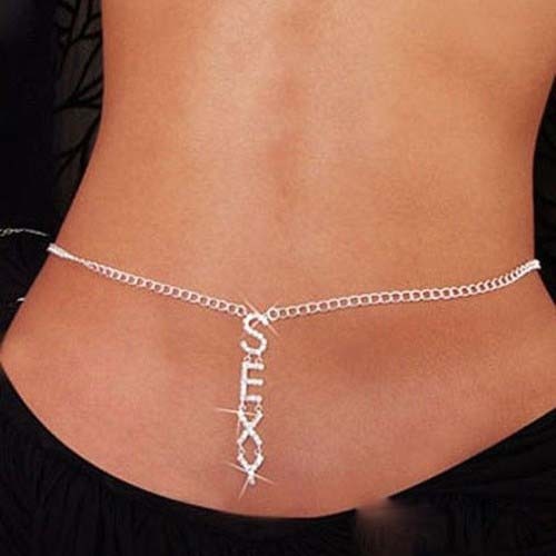 Sexy Glittery Silver Rhinestone Crystal Body Chain Belly Waist Lower Back Chain Belly Chain For Belly Dance Summer Jewelry