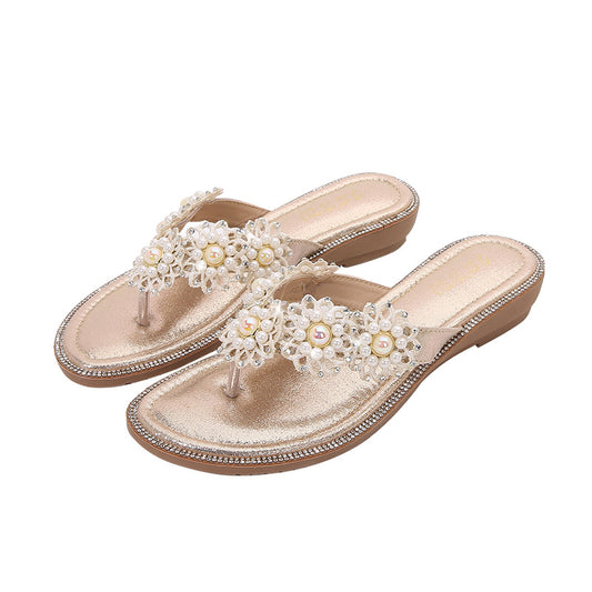 Summer New Beach Sandals Pearl Rhinestone Flower Flat Large Size Sandals Women Slippers