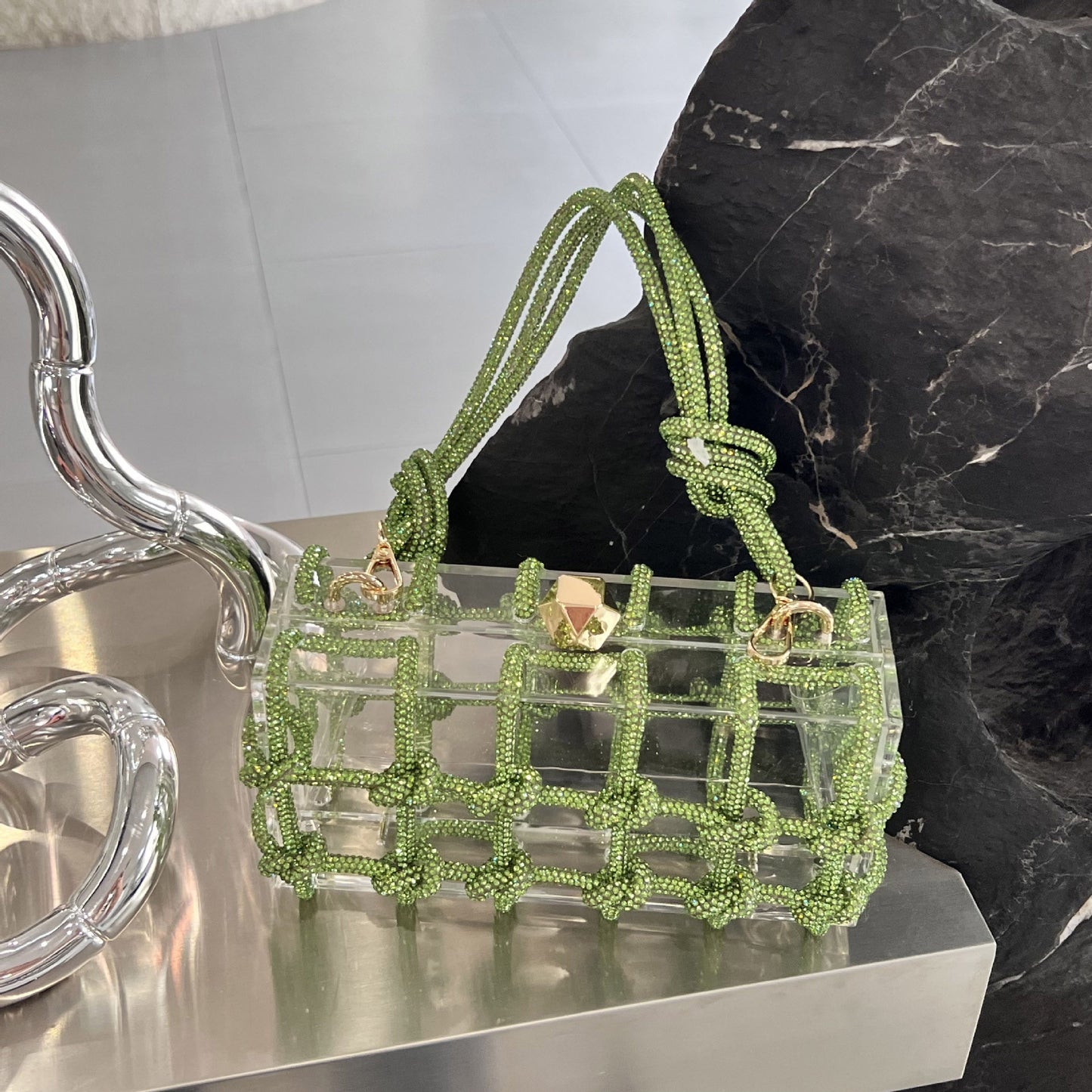 Shiny Dull Diamond Transparent Acrylic Box Banquet Rhinestone Hand Woven Rope Small Square Armpit Bag