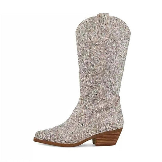 Processing time:4-7days after placing orders Rhinestone Women's High Boots Pointed Toe Slip-on Long Boots Women  Female Shoes Chunky Heels Women Cowboy Botas Femininas 2023