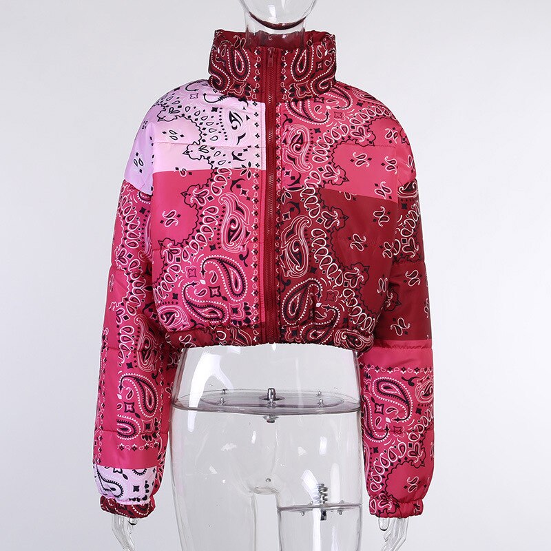 Viifaa Color Block Multicolor Print Fashion Cropped Puffer Jacket  Winter Women Stand Collar Drop Shoulder Parkas Coat