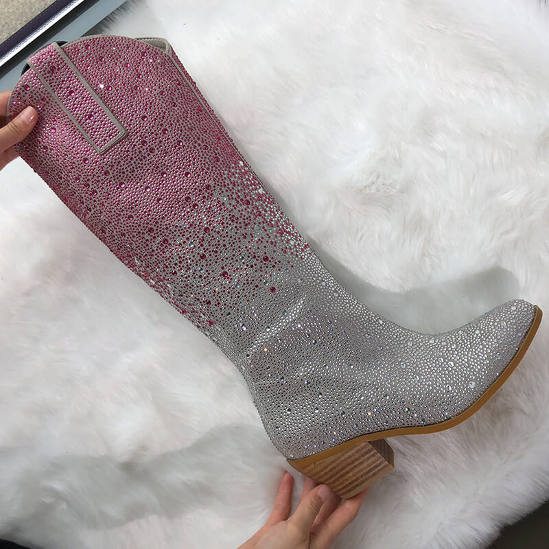 Processing time:7-15days after placing orders Onlymaker Women Pointed Toe Rhinestone Knee High Western Cowgirl Boots Glitter Bling Shiny  Block Heel Lady Boots