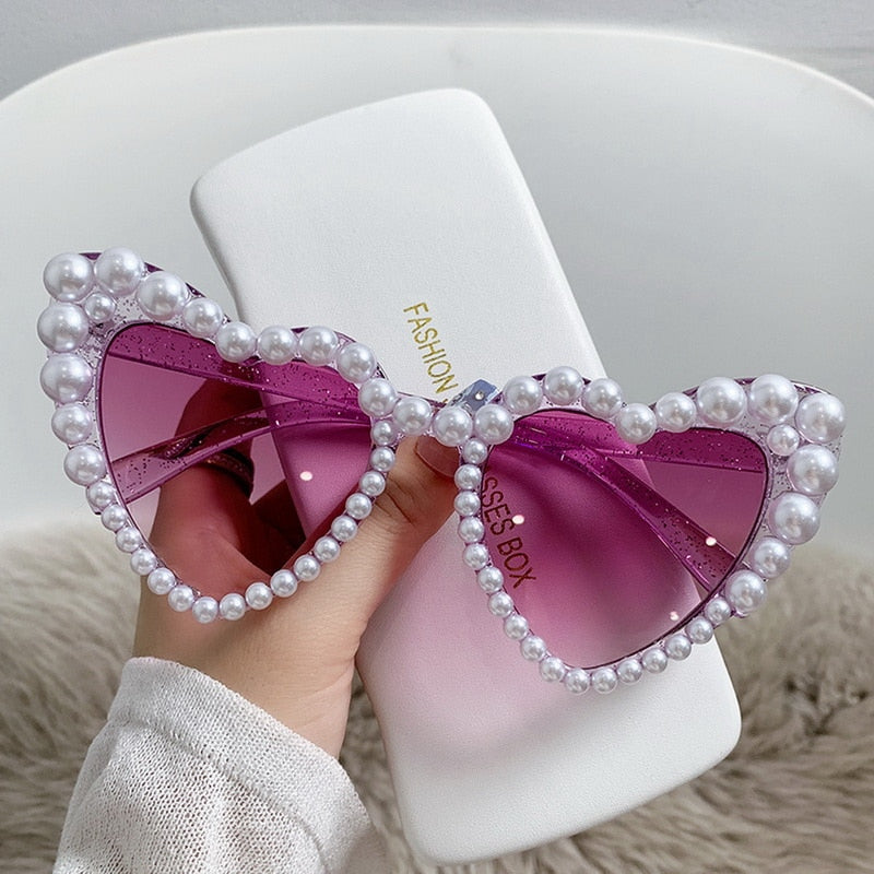 Fashion Retro Heart-Shaped Imitation Pearl Frame Sunglasses UV400 Women Cat Eye Pink Eyewear Trendy Beach Party  Sun Glasses