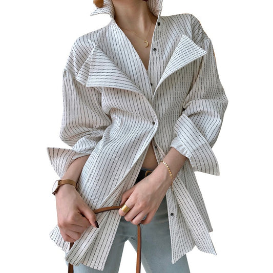 Spring New Casual Slim Type With Suit Collar Side Opening Long-Sleeved Fashion Striped Women's Shirt