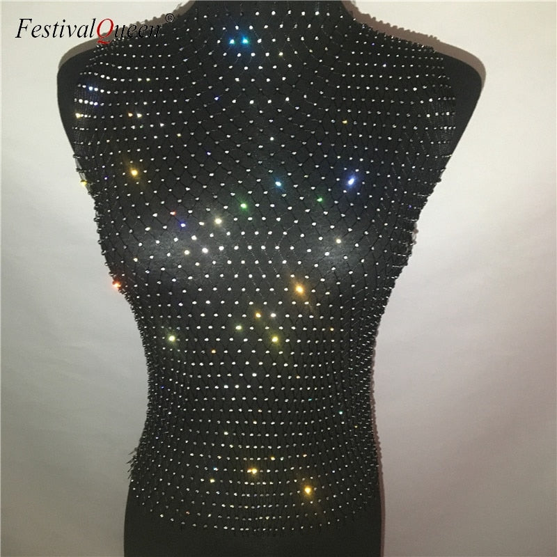 Sexy Diamonds Mesh Cropped Tank Top Women Summer Cover Up Bikini See Through Rhinestone Net Party Club Crop To