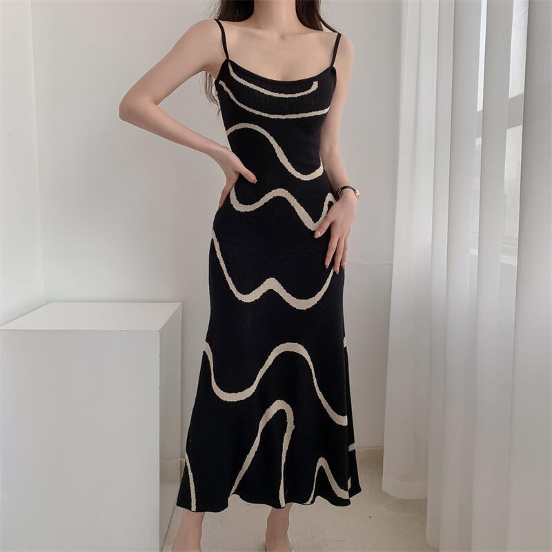 Summer New Strap Knit Dress Wave Pattern Gentle Casual Dress Children's Mid Length