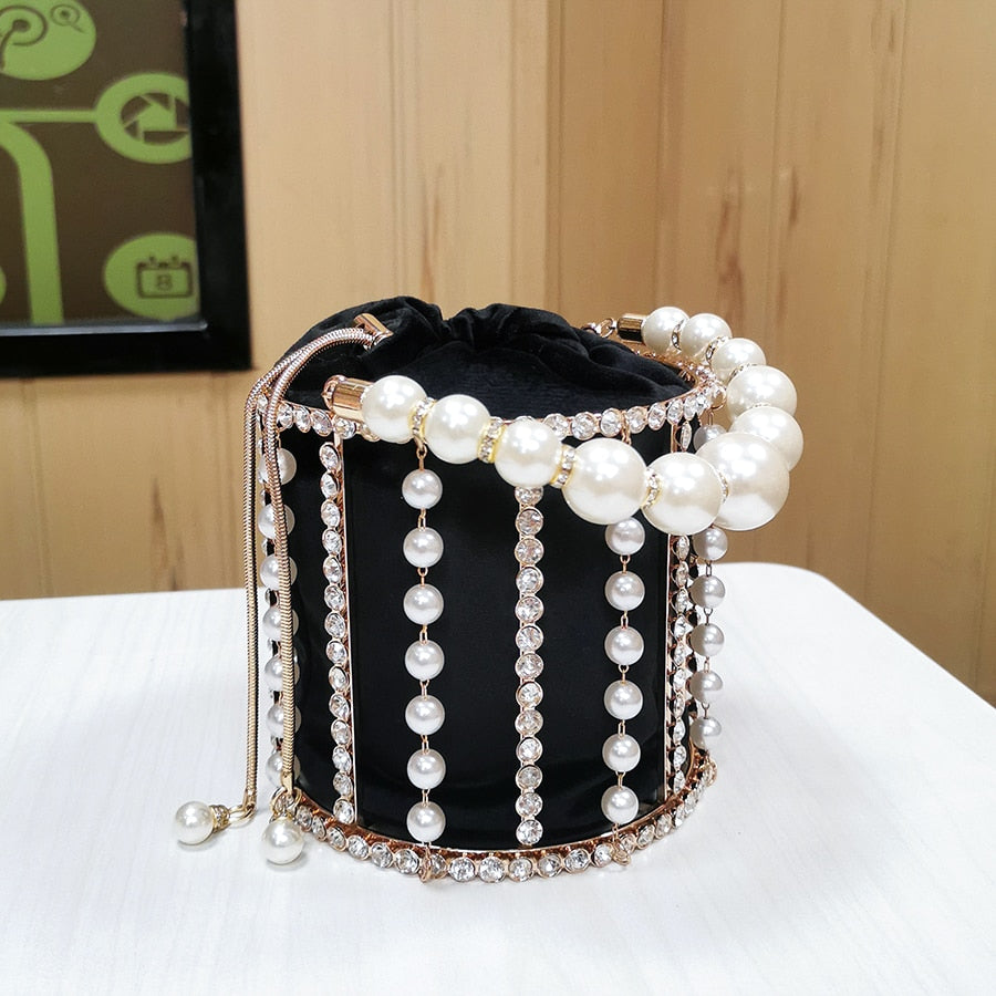 Rhinestone Evening Pearl Clutch Bag Women Luxury Handmade Diamond Beaded Bucket Purses and Handbags Bridal Wedding Party Sweet