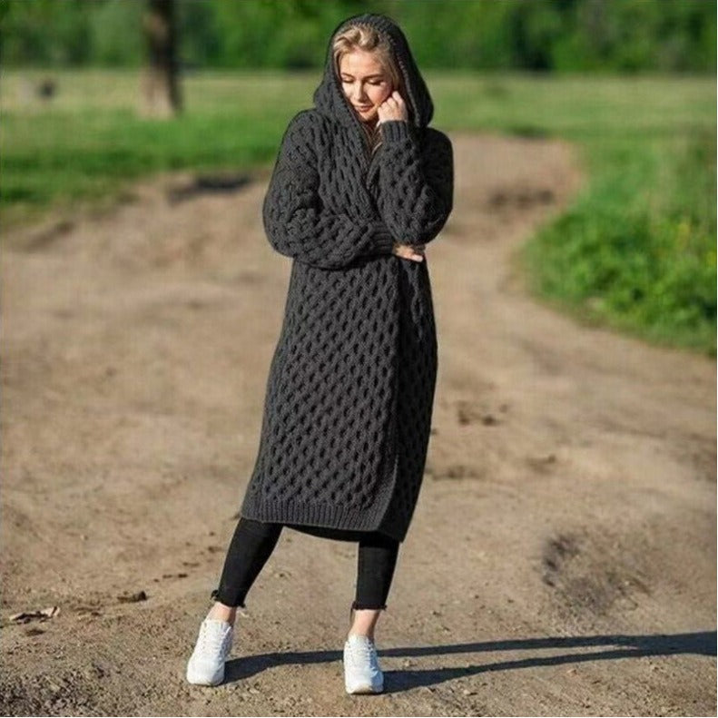 Autumn and Winter Warm New Solid Color Women's Long Knitted Sweater Hooded Cardigan Coat