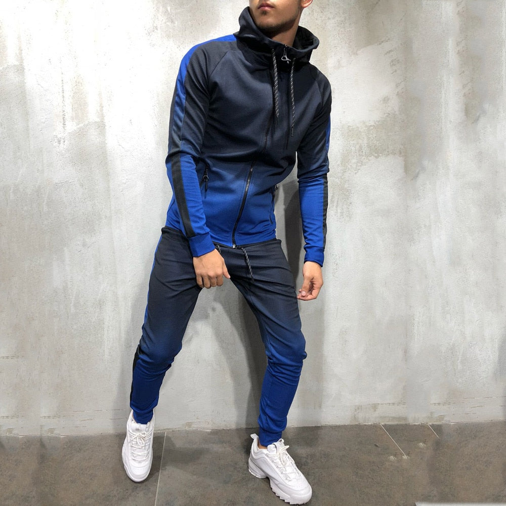 Men's Zipper Tracksuit Set - Printed Hooded Jacket Pants