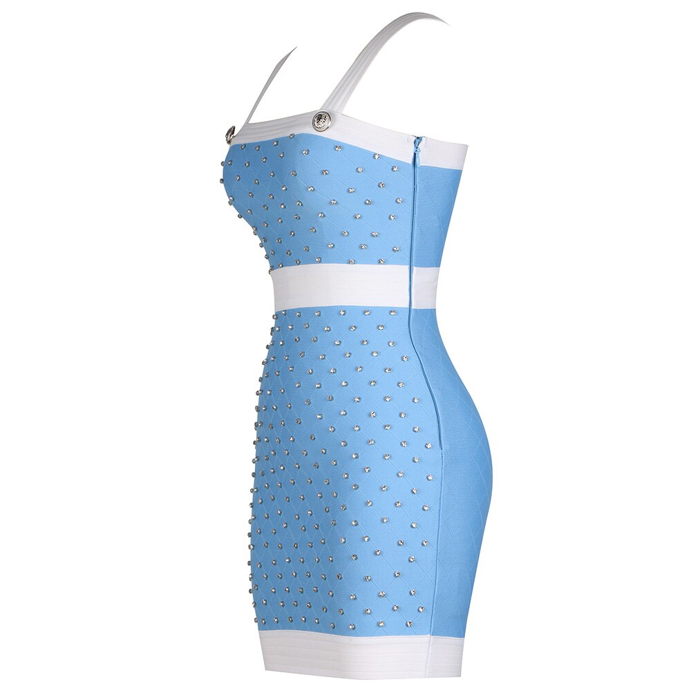 JUNE LIPS Mini Bandage Dress Summer Women Fashion Crystal Trim Bodycon Dress 2023Sexy Spaghetti Strap Club Party Dress Birthday