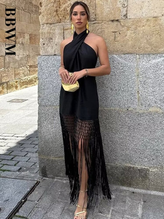 Tassels Halter Dress Women Black Vintage Backless Midi Dress Woman Sexy Off Shoulder Dresses 2023 Summer New Chic Female Dress