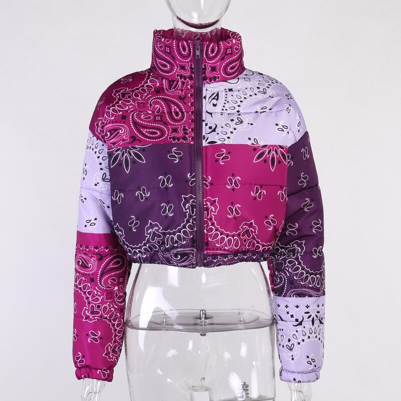 Viifaa Color Block Multicolor Print Fashion Cropped Puffer Jacket  Winter Women Stand Collar Drop Shoulder Parkas Coat