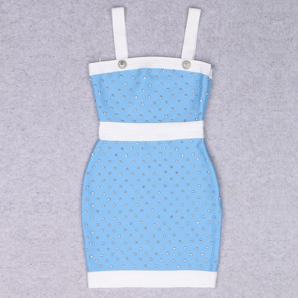 JUNE LIPS Mini Bandage Dress Summer Women Fashion Crystal Trim Bodycon Dress 2023Sexy Spaghetti Strap Club Party Dress Birthday