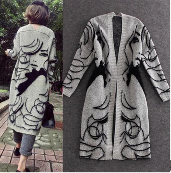 Women's autumn winter head embroidery long section knitted  Lovely Lady Sweater  cardigan jacket