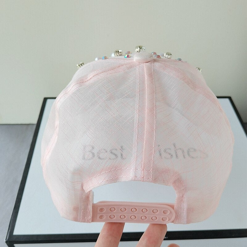 Woman Girl Rhinestone Pearl Baseball Hat White Pink Adjustable Snapback Cap Fashion Spring Sunhat Cool High Quality Hat