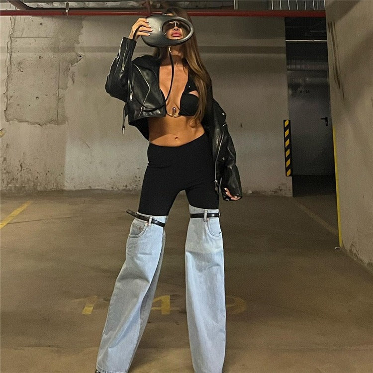 Design Sense American Spliced Jeans New High Waist Straight Leg Wide Leg High Grade Personalized Unique Pants For Women