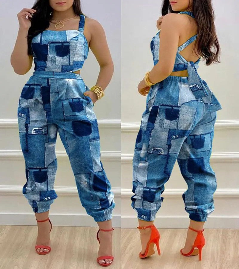 New European and American Open Back Cross Lace Up Bow Print Casual jumpsuit for Women