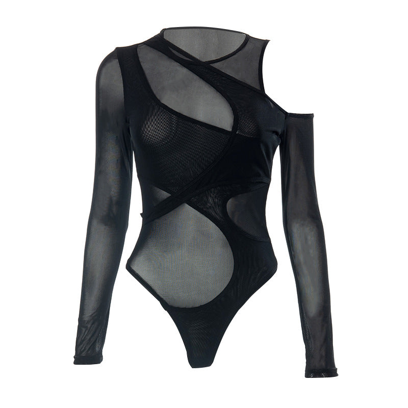 Summer New Fashion Sexy Mesh Perspective Tight Long Sleeve Bodysuit in Stock