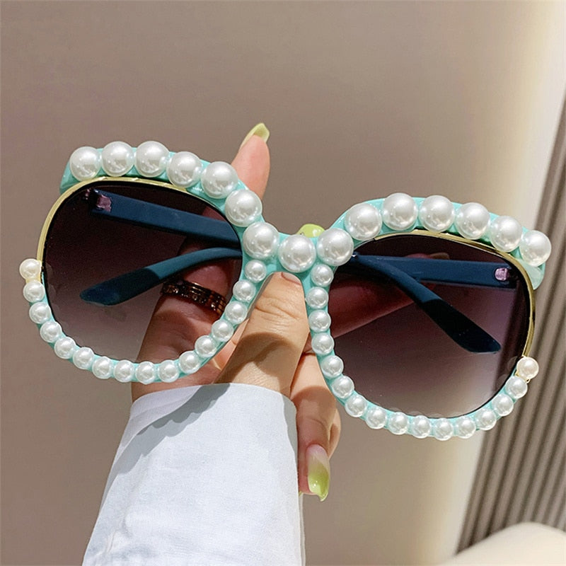 Fashion Retro Heart-Shaped Imitation Pearl Frame Sunglasses UV400 Women Cat Eye Pink Eyewear Trendy Beach Party  Sun Glasses