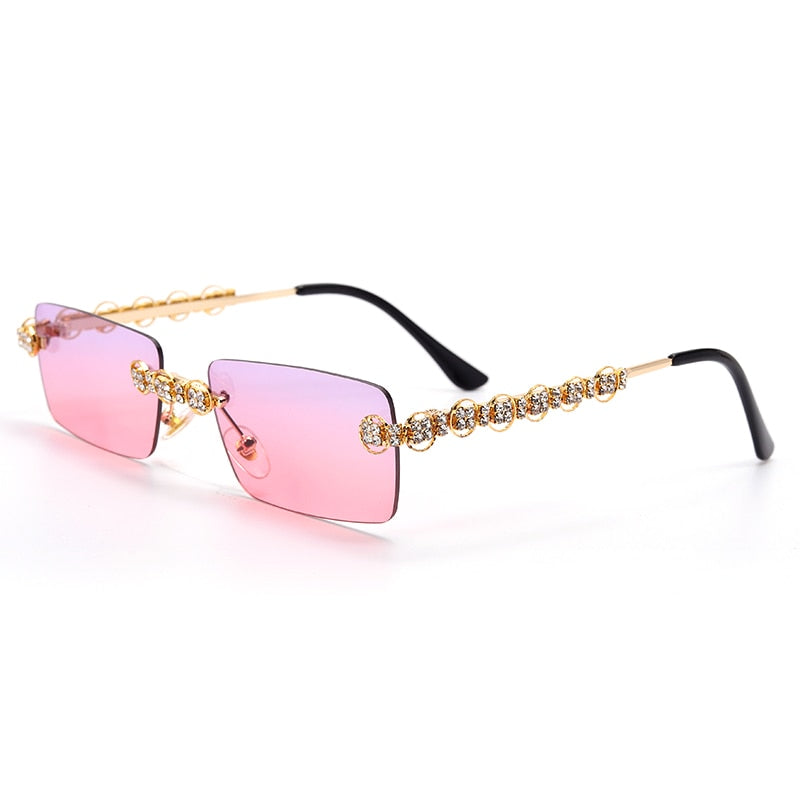 Rimless Diamond Sunglasses Women Rectangle Steampunk Sun Glasses Crystal Vintage Rhinestone Glasses Eyewear UV400 Oculos