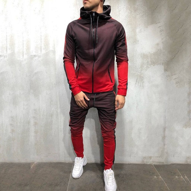 Men's Zipper Tracksuit Set - Printed Hooded Jacket Pants