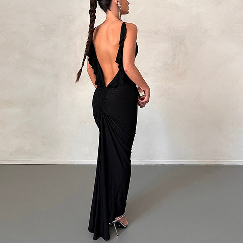 Spliced Wooden Ear Edge Long Dress Open Back V-Neck Tight Wrap Hip Strap Dress Sexy Pleated Temperament Long Dress