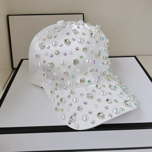 Woman Girl Rhinestone Pearl Baseball Hat White Pink Adjustable Snapback Cap Fashion Spring Sunhat Cool High Quality Hat