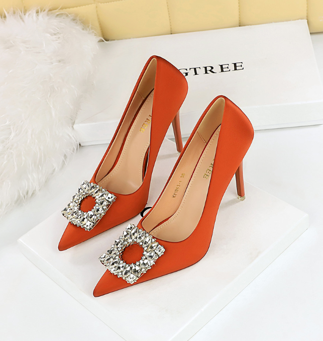 Spring and autumn banquet high heeled shoes women shoes super high heeled shallow mouth pointed toe satin rhinestone buckle