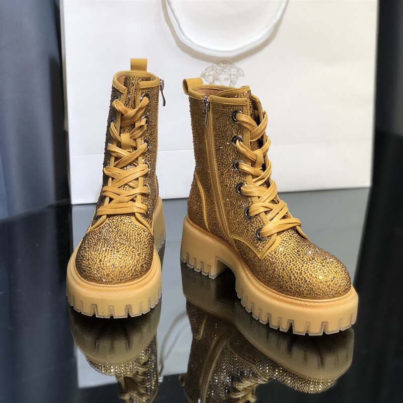 New Autumn and Winter Boots Leather Full Rhinestone Round Toe Thick Bottom Thick Heel Increased Side Zipper Lace-up Martin Boots