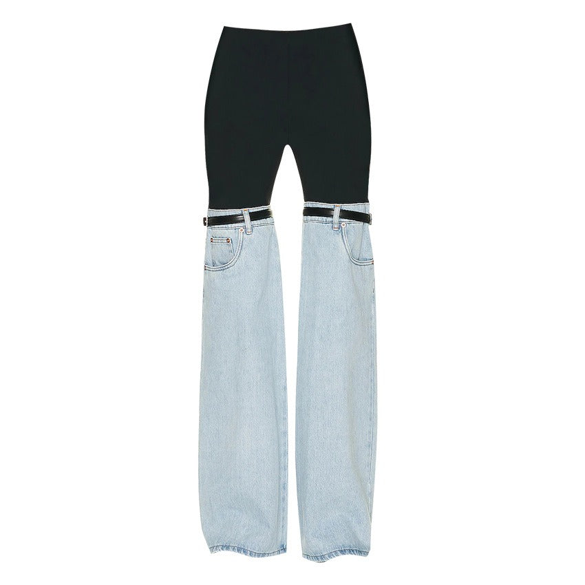 Design Sense American Spliced Jeans New High Waist Straight Leg Wide Leg High Grade Personalized Unique Pants For Women