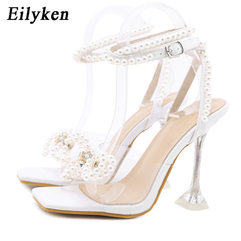 Rhinestone Bowknot Women Sandals PVC Jelly Transparent Perspex High Heels Summer Sexy Square toe Ankle Buckle Strap Shoe