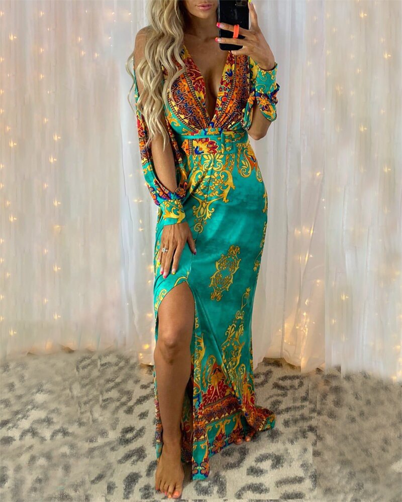 New European and American Style Sexy Women's Deep V Split Exquisite Print Dress