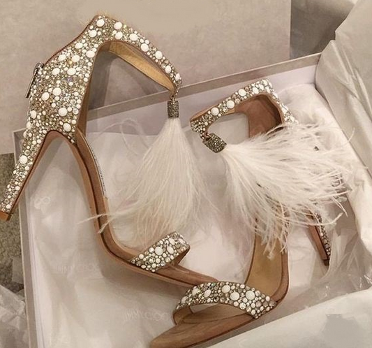 Women Sandals Pumps Summer Rhinestone Zipper Feather High Heel Apricot Women Wedding Pumps Shoes