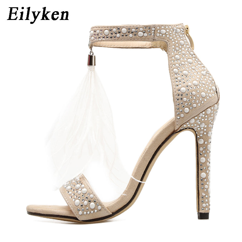 Women Sandals Pumps Summer Rhinestone Zipper Feather High Heel Apricot Women Wedding Pumps Shoes