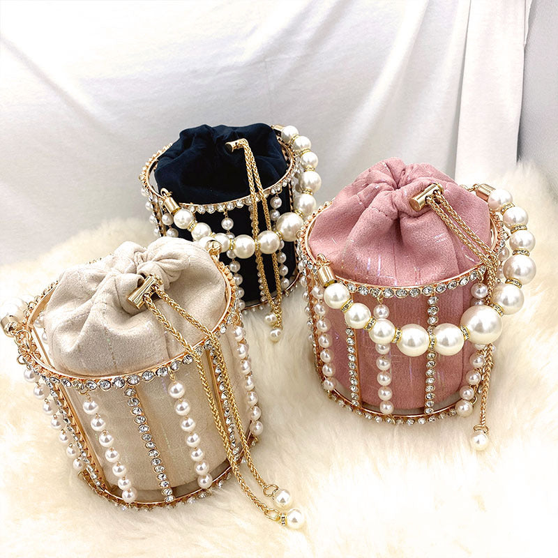 Rhinestone Evening Pearl Clutch Bag Women Luxury Handmade Diamond Beaded Bucket Purses and Handbags Bridal Wedding Party Sweet