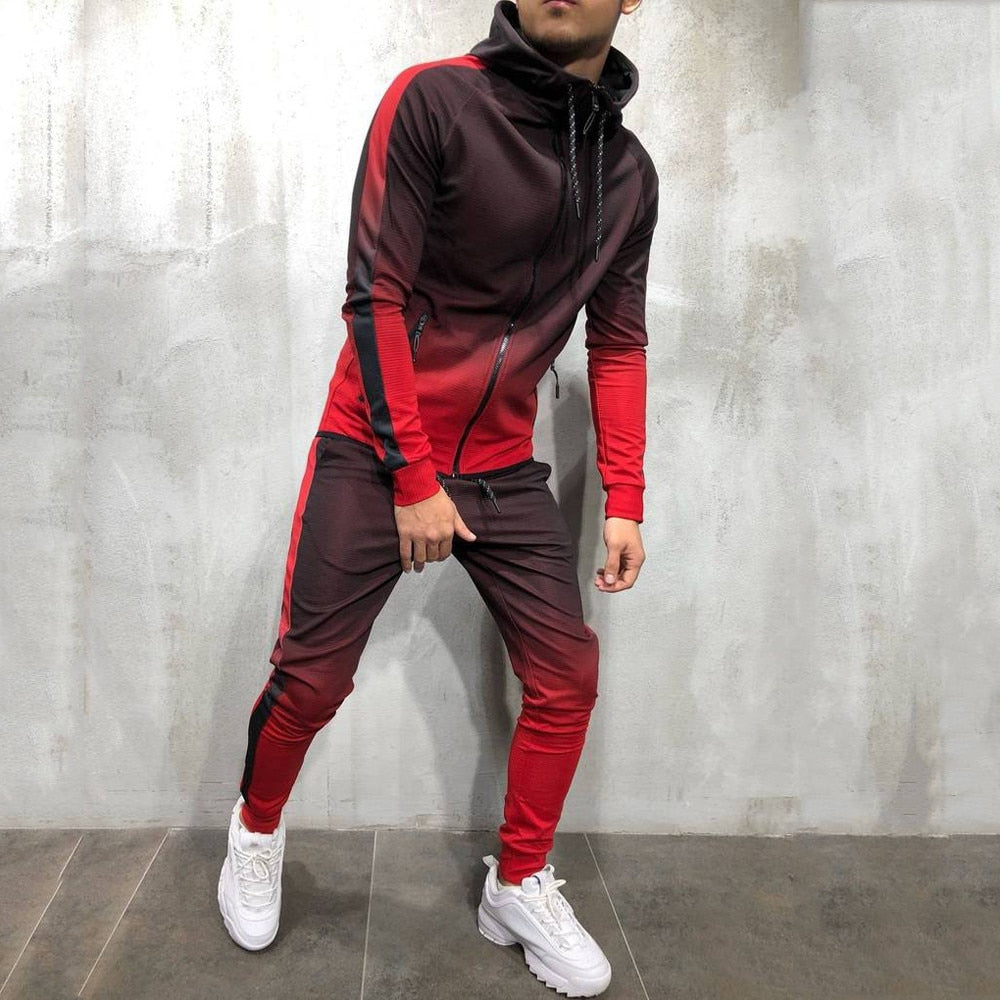 Men's Zipper Tracksuit Set - Printed Hooded Jacket Pants